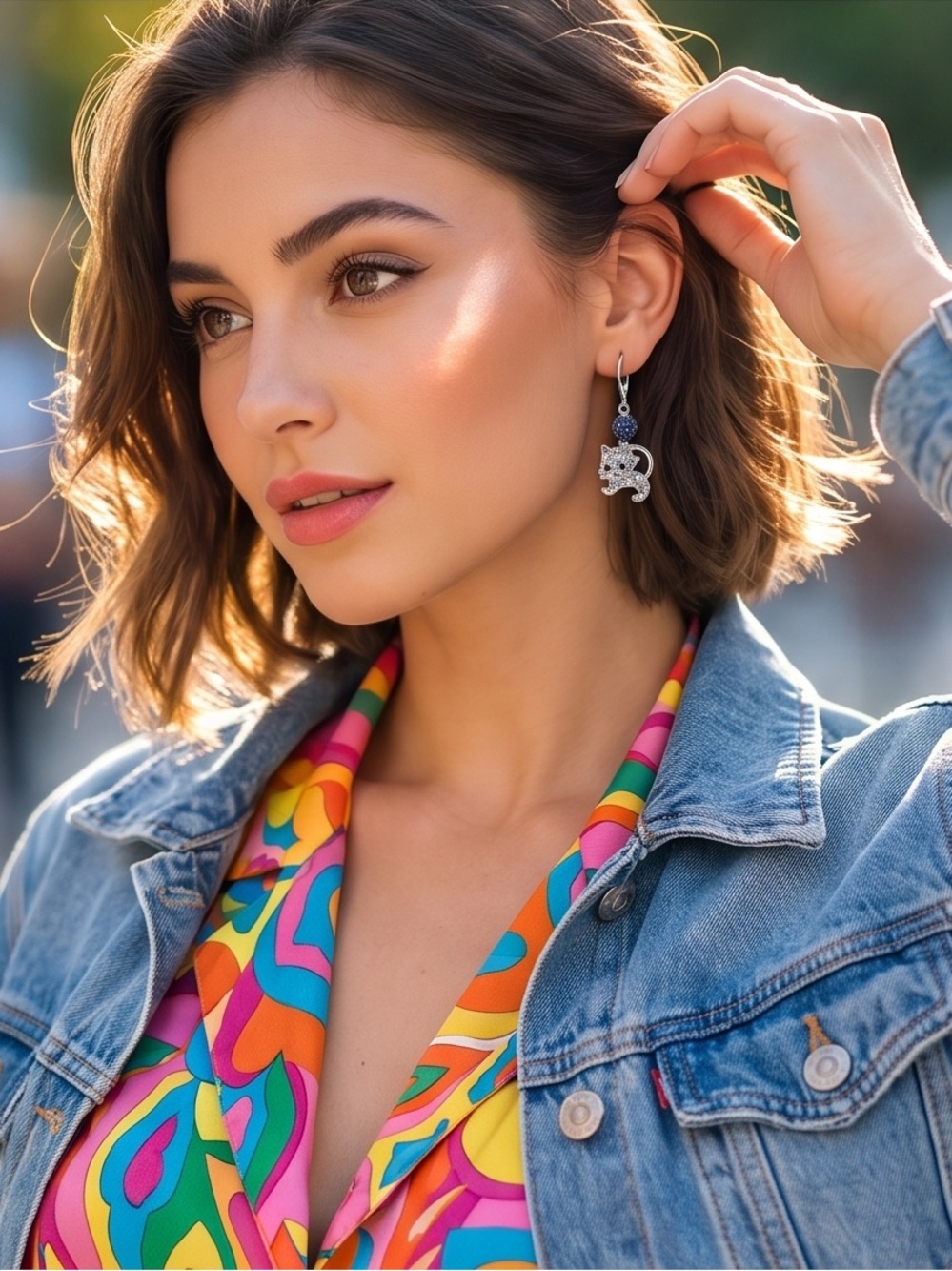 Cat Drop Earrings in Navy and Multicolor Crystal - Picture 5 of 7
